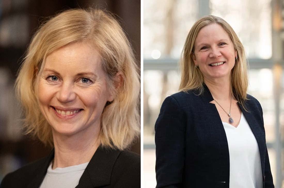 Portrett av Sigrun Aasland (til venstre), forsknings- og høyere utdanningsminister, og Mari Sundli Tveit (til høyre), direktør i Forskningsrådet. Bildet er knyttet til lanseringen av en ny ordning for internasjonale forskere.