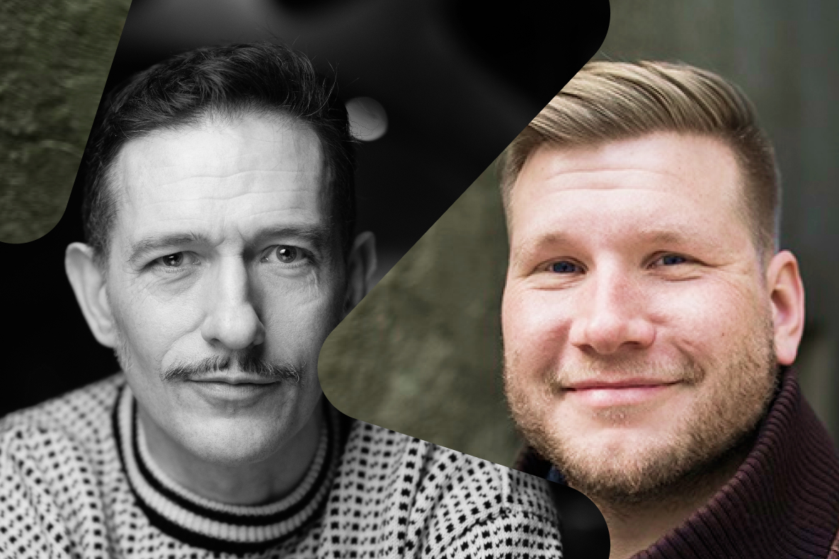 Sammensetting av to bilder. Begge bildene viser nærbilder av to menn, det ene i svart hvit og det andre i farger.