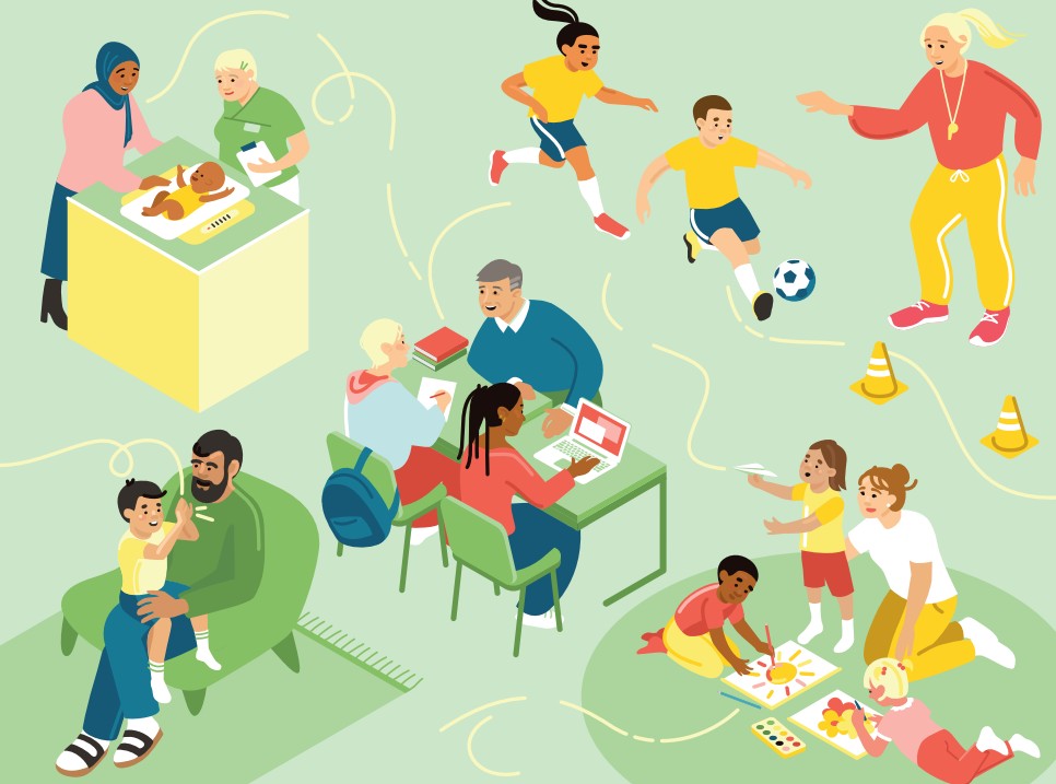 Liiustrasjonstegning av barn i ulike livssituasjoner: på helsestasjonen som baby, spiller fotball, på skolen. i lek og sammen med familie
