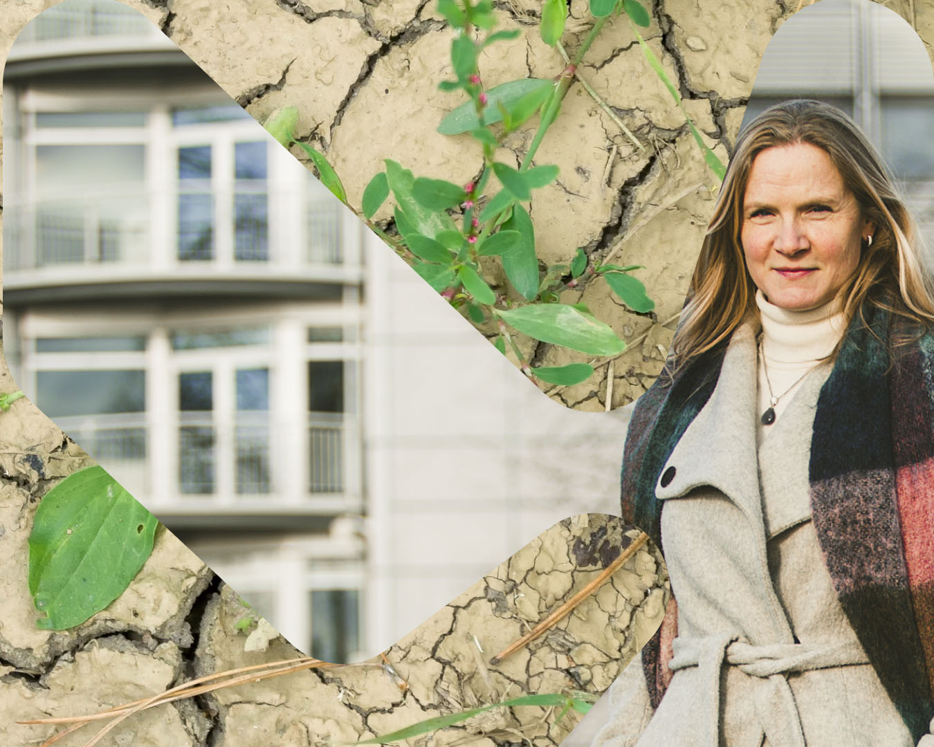 Kvinne i vinterkåpe og skjerf står foran en moderne bygning. Bildet er grafisk bearbeidet med overlegg av tørket, sprukket jord og grønne spirer – symboler på klimaendringer og håp om fornyelse.