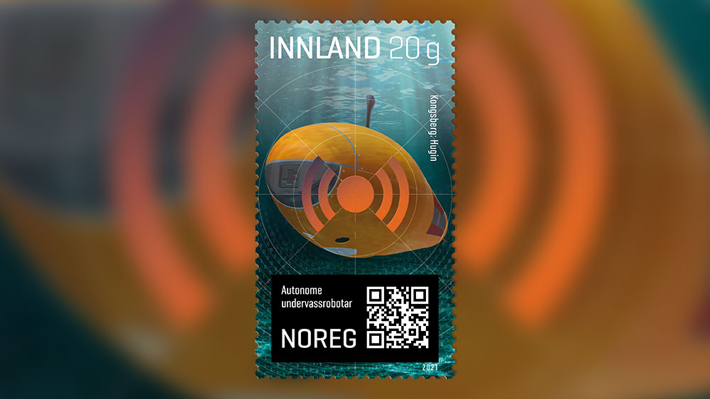 Frimerke med oransje undervannsfarkost